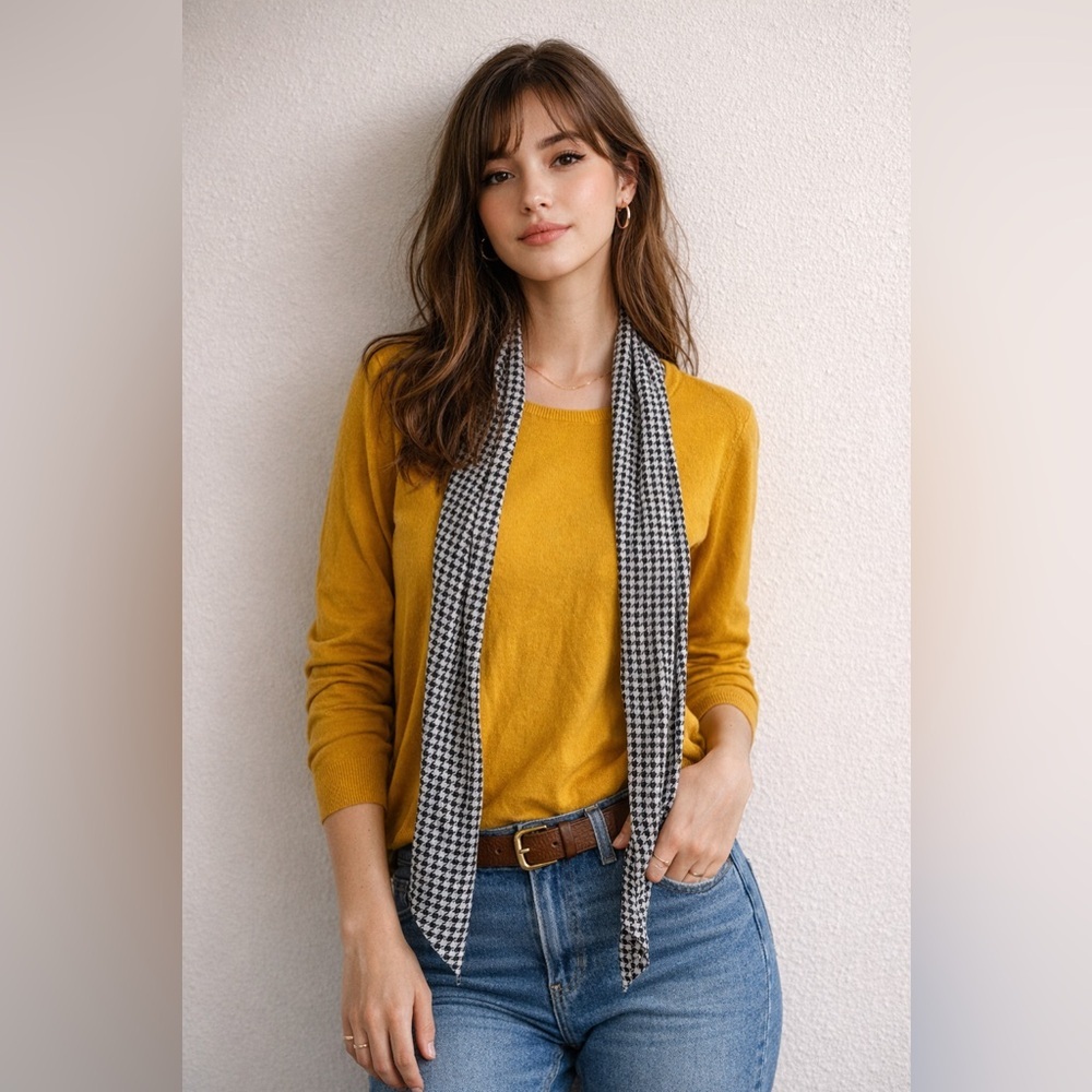 J. Crew Mustard Sweater with Houndstooth Scarf